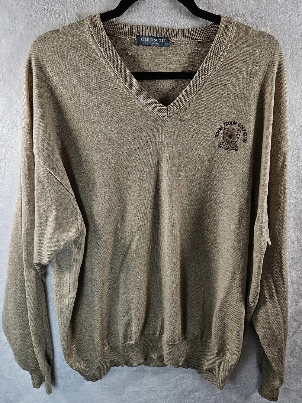 Vintage 90s Lyle & Scott V-Neck Sweater Wool Tan Royal Troon Golf Men's Size XXL